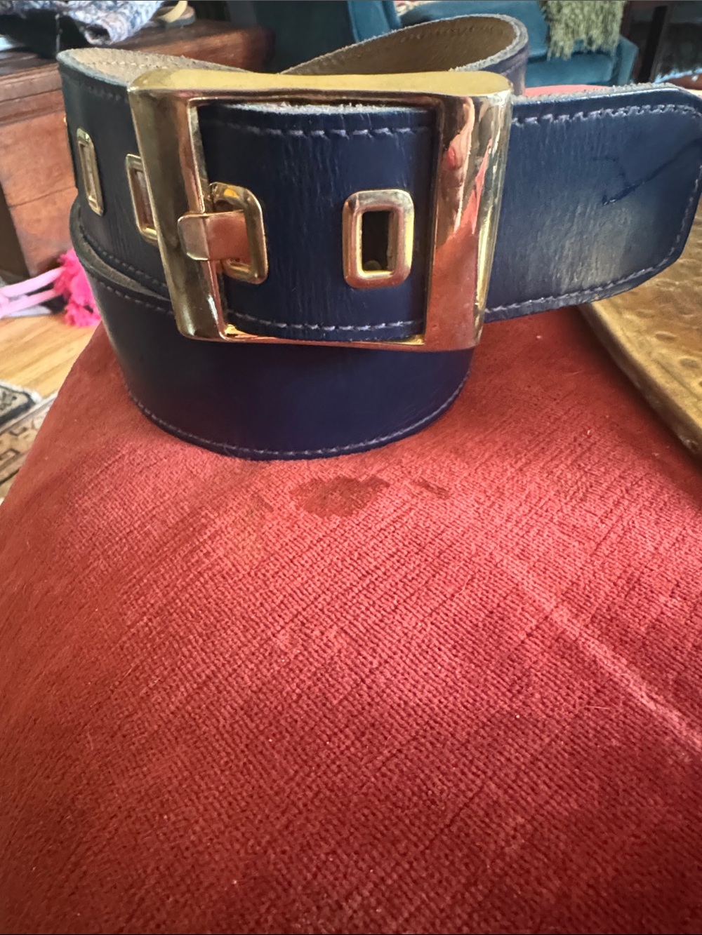 Calderon Wide Navy Leather Belt with Gold Buckle